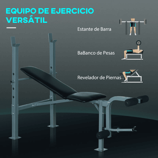 HOMCOM Conjunto de Banco de Musculação Multifuncional e Barra de Pesos com 6 Discos de Peso Intercambiáveis para Treino de Força e Braços em Casa Ginásio 165x68x114 cm 130x28x28 cm Multicor