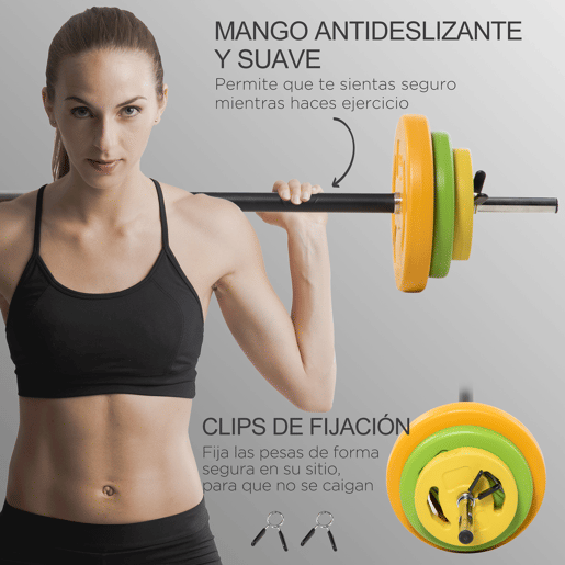 HOMCOM Conjunto de Banco de Musculação Multifuncional e Barra de Pesos com 6 Discos de Peso Intercambiáveis para Treino de Força e Braços em Casa Ginásio 165x68x114 cm 130x28x28 cm Multicor