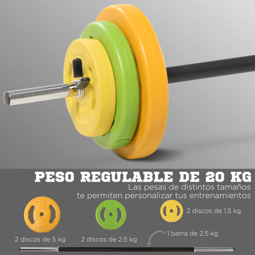 HOMCOM Conjunto de Banco de Musculação Multifuncional e Barra de Pesos com 6 Discos de Peso Intercambiáveis para Treino de Força e Braços em Casa Ginásio 165x68x114 cm 130x28x28 cm Multicor