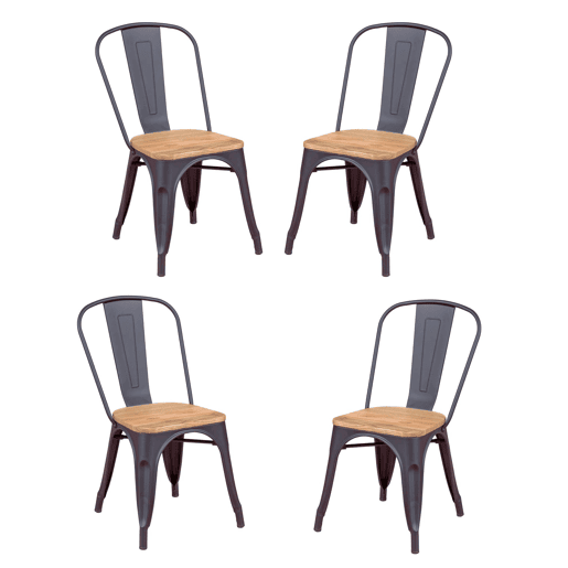 Pack de 4 cadeiras metálicas com assentos de madeira - Bistro Pack de 4 cadeiras metálicas com assentos de madeira - Bistro