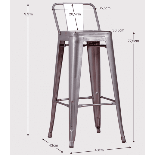 Banqueta industrial em aço metalizado com encosto baixo (76cm) - Bistro Banqueta industrial em aço metalizado com encosto baixo (76cm) - Bistro