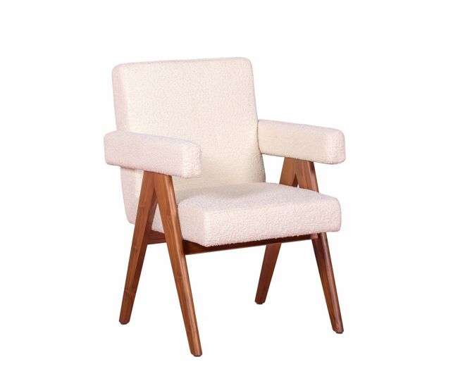Sillón rústico con reposabrazos en madera de teca y tejido bouclé - compass