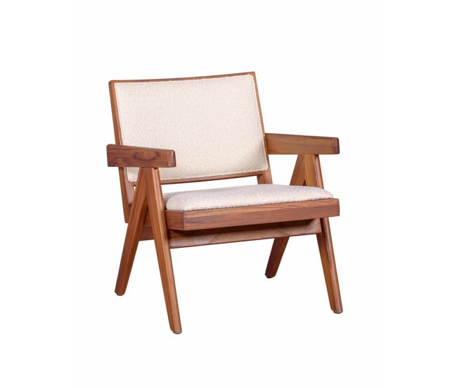 Sillón clásico con reposabrazos en madera de teca y tejido bouclé - compass