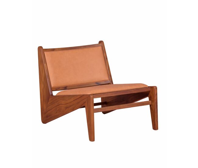 Sillón bajo en madera de teca maciza y tapizado en piel italiana - compass