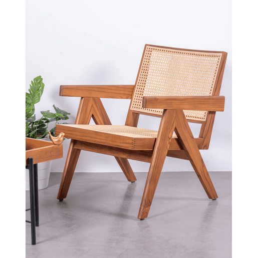 Poltrona clássica com braços em madeira de teca e rattan natural - Compass