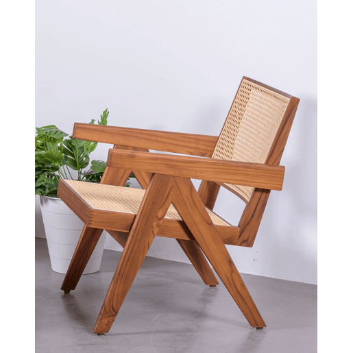 Poltrona clássica com braços em madeira de teca e rattan natural - Compass