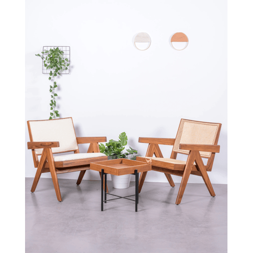 Poltrona clássica com braços em madeira de teca e rattan natural - Compass