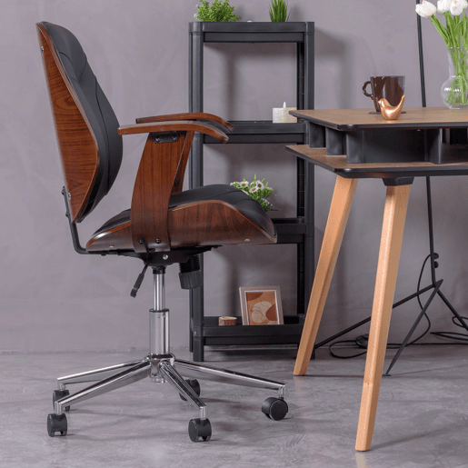 Cadeira de escritório de design em madeira de nogueira escura e estofada em imitação de couro - Nordic