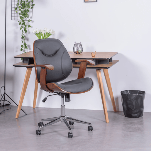 Cadeira de escritório de design em madeira de nogueira escura e estofada em imitação de couro - Nordic