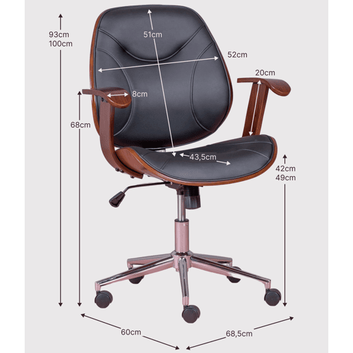 Cadeira de escritório de design em madeira de nogueira escura e estofada em imitação de couro - Nordic