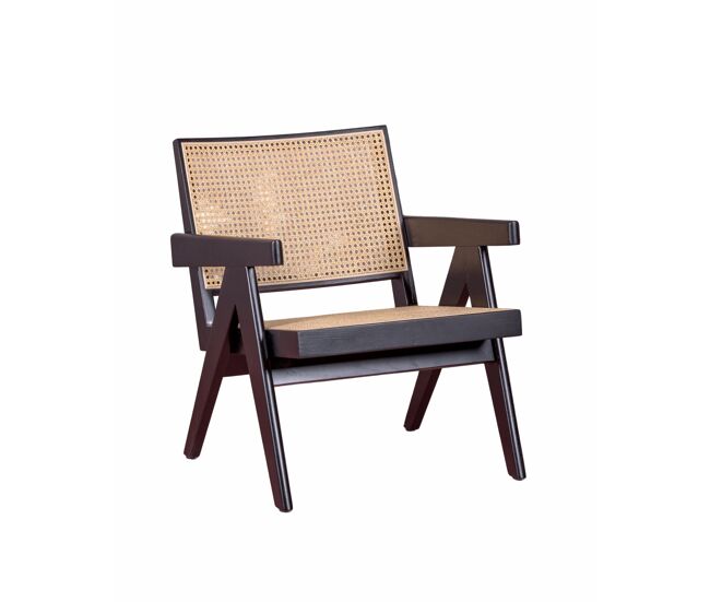 Sillón clásico con reposabrazos en madera de teca y ratán natural - compass