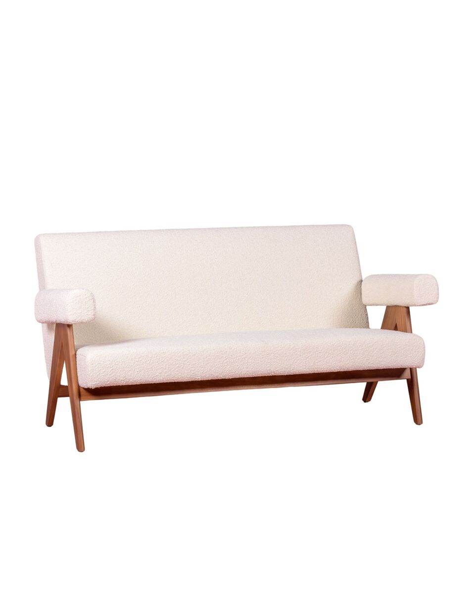 Sofá vintage en madera de teca y tapizado en boucle - Daneu