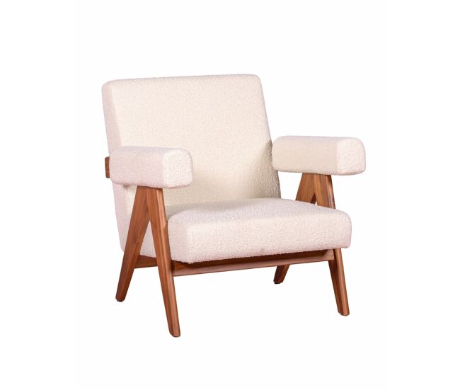 Sillón rústico en madera de teca maciza y tapizado en bouclé - compass