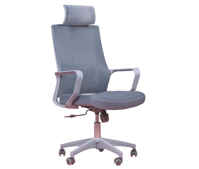 Silla de oficina ergonómica en malla transpirable con acabados grises y reposacabezas regulable - mesh
