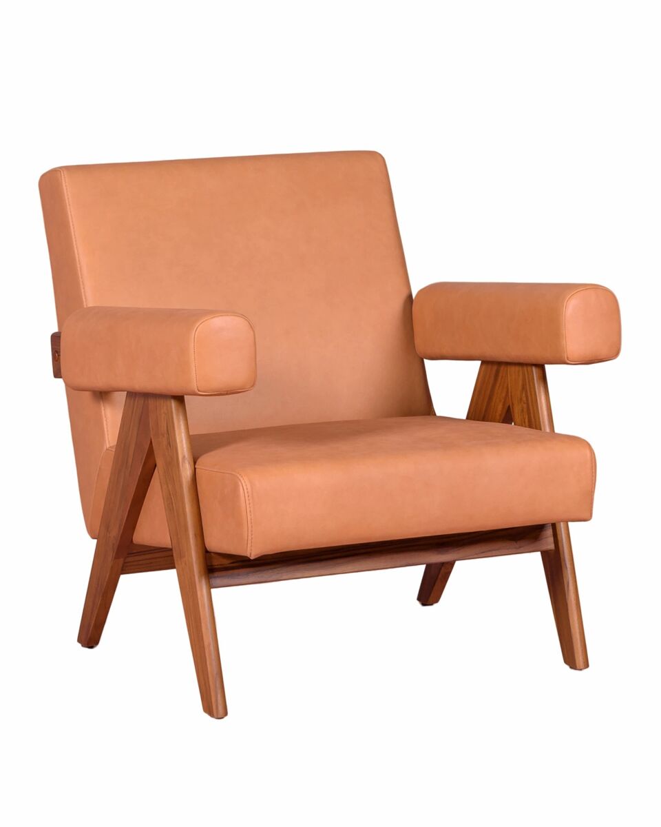 Sillón vintage en madera de teca y piel italiana - compass s