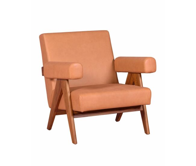 Sillón vintage en madera de teca y piel italiana - compass s