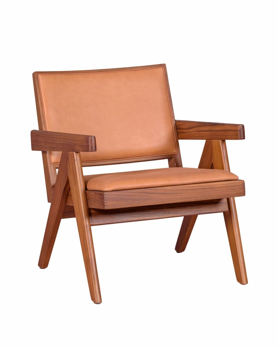 Sillón vintage con reposabrazos en madera de teca y piel italiana - compass