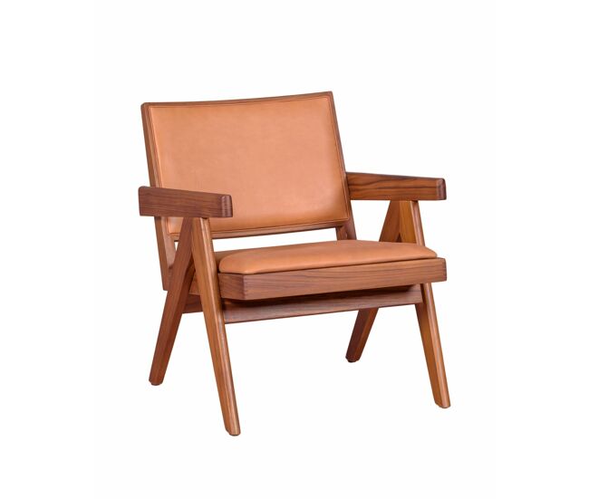 Sillón vintage con reposabrazos en madera de teca y piel italiana - compass