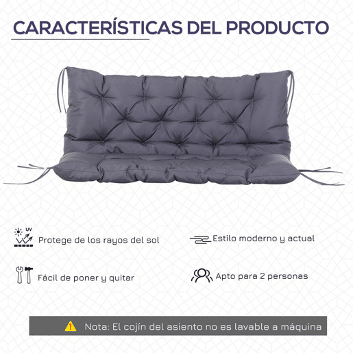Outsunny Almofada para Banco com Encosto 120x110x12cm Almofada de Banco de 2 Lugares com 6 Cordões de Fixação para Jardim Terraço Balcão Exterior Cinza