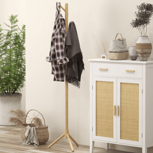 HOMCOM Cabide de Pé de Madeira Cabide de Pé com 8 Ganchos para Pendurar Roupa e Bolsas Cabide em Forma de Árvore para Corredor Entrada Quarto 40x40x165 cm Natural