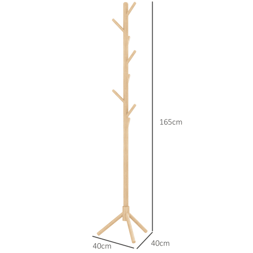 HOMCOM Cabide de Pé de Madeira Cabide de Pé com 8 Ganchos para Pendurar Roupa e Bolsas Cabide em Forma de Árvore para Corredor Entrada Quarto 40x40x165 cm Natural
