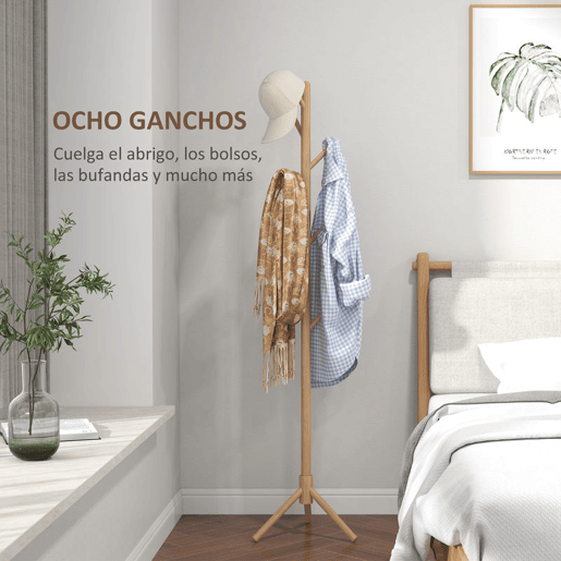 HOMCOM Cabide de Pé de Madeira Cabide de Pé com 8 Ganchos para Pendurar Roupa e Bolsas Cabide em Forma de Árvore para Corredor Entrada Quarto 40x40x165 cm Natural