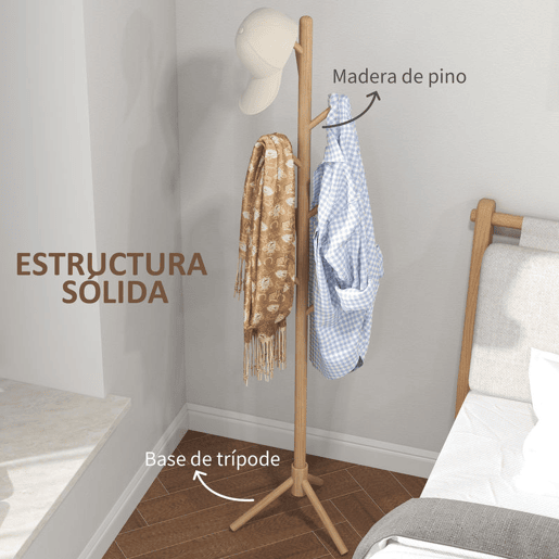 HOMCOM Cabide de Pé de Madeira Cabide de Pé com 8 Ganchos para Pendurar Roupa e Bolsas Cabide em Forma de Árvore para Corredor Entrada Quarto 40x40x165 cm Natural