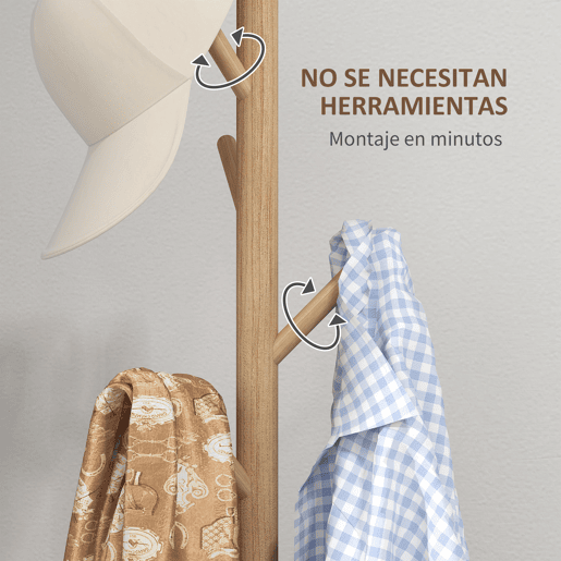 HOMCOM Cabide de Pé de Madeira Cabide de Pé com 8 Ganchos para Pendurar Roupa e Bolsas Cabide em Forma de Árvore para Corredor Entrada Quarto 40x40x165 cm Natural