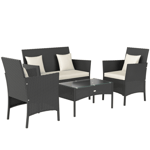 Outsunny Conjunto de Jardim de Vime Sintético Conjunto de 4 Peças Móveis de Jardim com 2 Poltronas 1 Sofá de 2 Lugares 1 Mesa de Centro com Tampo de Vidro e Almofadas Preto e Branco