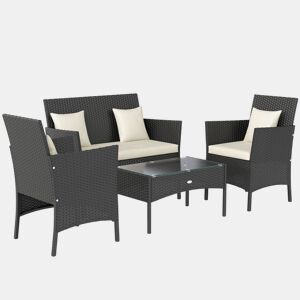 Outsunny Conjunto de Jardim de Vime Sintético Conjunto de 4 Peças Móveis de Jardim com 2 Poltronas 1 Sofá de 2 Lugares 1 Mesa de Centro com Tampo de Vidro e Almofadas Preto e Branco