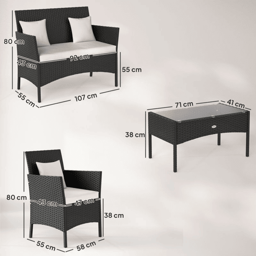 Outsunny Conjunto de Jardim de Vime Sintético Conjunto de 4 Peças Móveis de Jardim com 2 Poltronas 1 Sofá de 2 Lugares 1 Mesa de Centro com Tampo de Vidro e Almofadas Preto e Branco