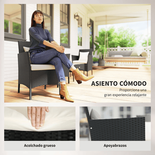 Outsunny Conjunto de Jardim de Vime Sintético Conjunto de 4 Peças Móveis de Jardim com 2 Poltronas 1 Sofá de 2 Lugares 1 Mesa de Centro com Tampo de Vidro e Almofadas Preto e Branco