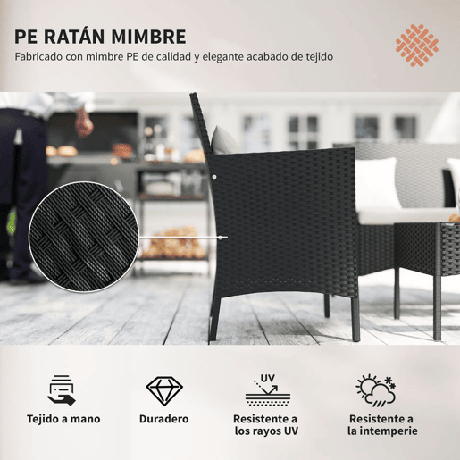 Outsunny Conjunto de Jardim de Vime Sintético Conjunto de 4 Peças Móveis de Jardim com 2 Poltronas 1 Sofá de 2 Lugares 1 Mesa de Centro com Tampo de Vidro e Almofadas Preto e Branco