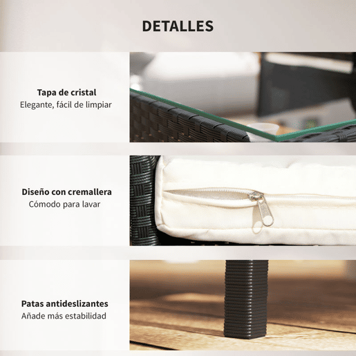 Outsunny Conjunto de Jardim de Vime Sintético Conjunto de 4 Peças Móveis de Jardim com 2 Poltronas 1 Sofá de 2 Lugares 1 Mesa de Centro com Tampo de Vidro e Almofadas Preto e Branco