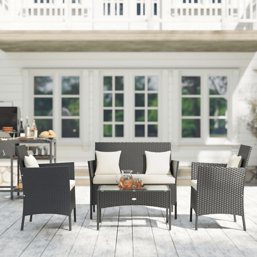 Outsunny Conjunto de Jardim de Vime Sintético Conjunto de 4 Peças Móveis de Jardim com 2 Poltronas 1 Sofá de 2 Lugares 1 Mesa de Centro com Tampo de Vidro e Almofadas Preto e Branco