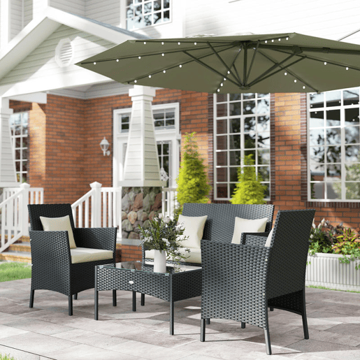 Outsunny Conjunto de Jardim de Vime Sintético Conjunto de 4 Peças Móveis de Jardim com 2 Poltronas 1 Sofá de 2 Lugares 1 Mesa de Centro com Tampo de Vidro e Almofadas Preto e Branco