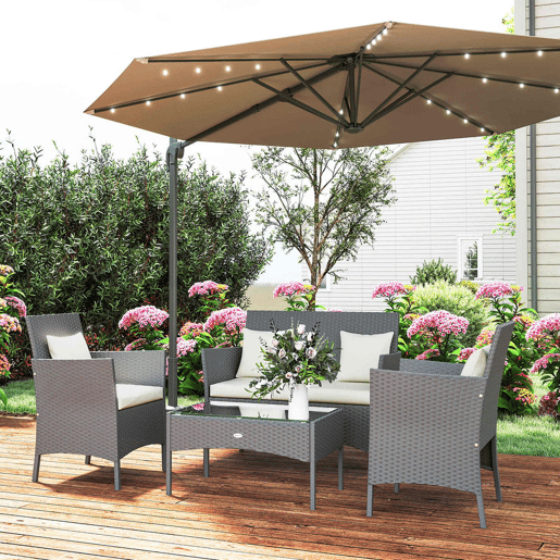 Outsunny Conjunto de Jardim de Vime Sintético Conjunto de 4 Peças Móveis de Jardim com 2 Poltronas 1 Sofá de 2 Lugares 1 Mesa de Centro com Tampo de Vidro e Almofadas Preto e Branco