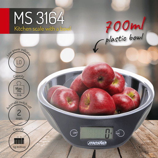 Mesko MS3164 Balança de Cozinha Digital com Taça de 700ml, Peso de Alimentos de Alta Precisão 5 Kg 11 Lb Ecrã LCD, Preto