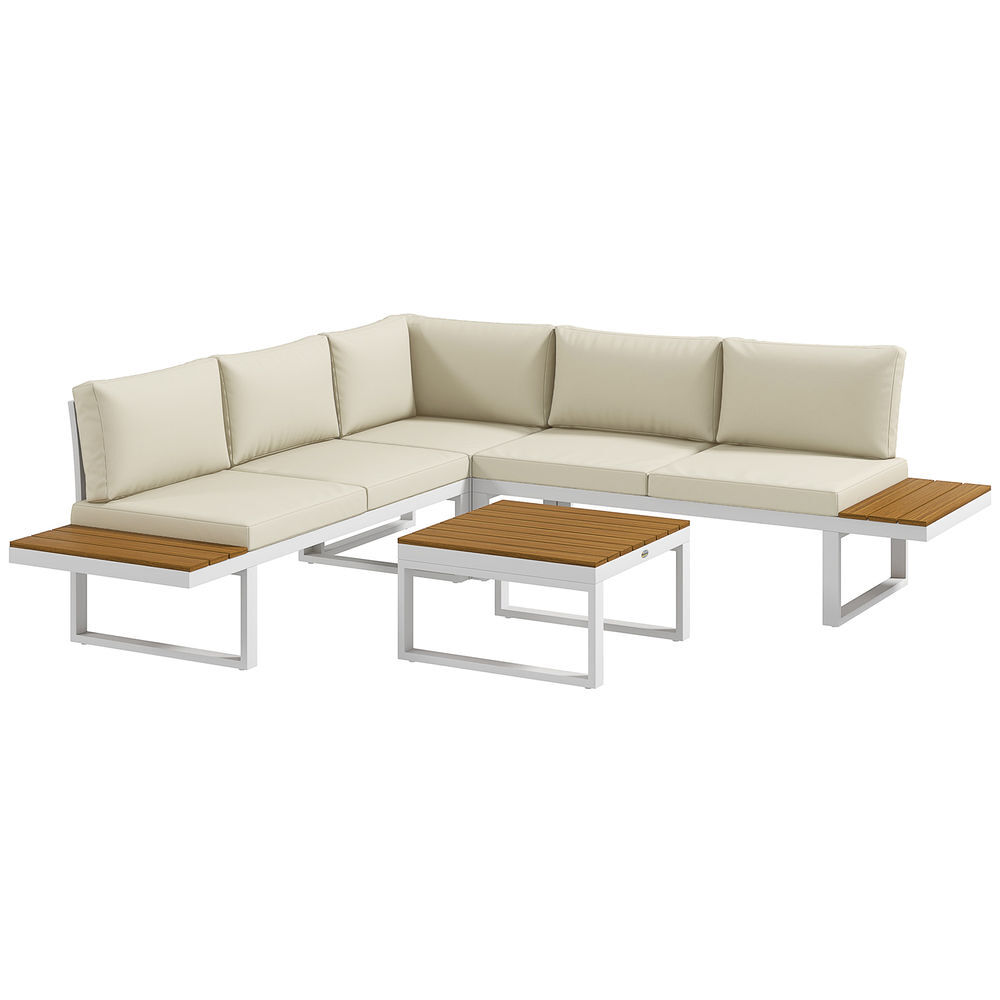 Outsunny conjunto de muebles de jardín exterior 4 piezas juego de muebles de terraza incluye 2 sofás dobles 1 sofá esquinero reclinable y mesa de centro mesita lateral con cojines para patio crema