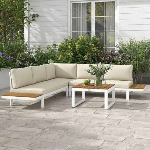 Outsunny Conjunto de Móveis de Jardim Exterior 4 Peças - Inclui 2 Sofás Duplos, 1 Sofá de Canto Reclinável e Mesa de Centro com Almofadas para Terraço ou Pátio - Cor Creme