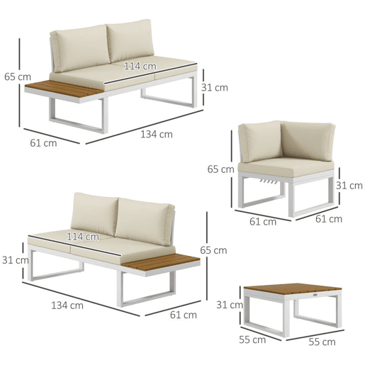 Outsunny Conjunto de Móveis de Jardim Exterior 4 Peças - Inclui 2 Sofás Duplos, 1 Sofá de Canto Reclinável e Mesa de Centro com Almofadas para Terraço ou Pátio - Cor Creme