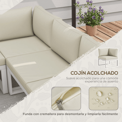 Outsunny Conjunto de Móveis de Jardim Exterior 4 Peças - Inclui 2 Sofás Duplos, 1 Sofá de Canto Reclinável e Mesa de Centro com Almofadas para Terraço ou Pátio - Cor Creme