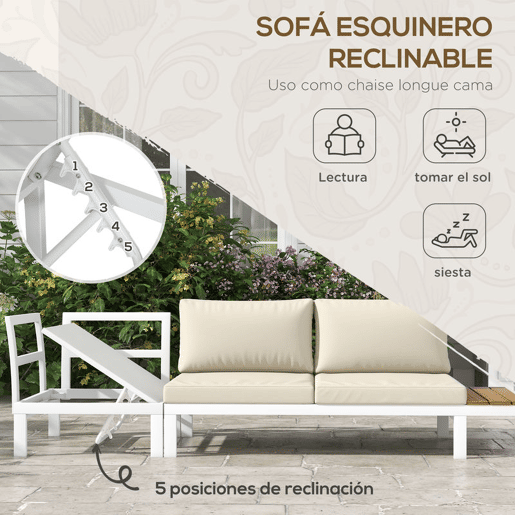Outsunny Conjunto de Móveis de Jardim Exterior 4 Peças - Inclui 2 Sofás Duplos, 1 Sofá de Canto Reclinável e Mesa de Centro com Almofadas para Terraço ou Pátio - Cor Creme
