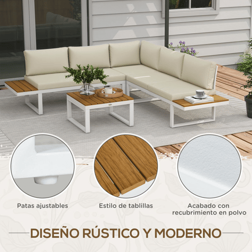 Outsunny Conjunto de Móveis de Jardim Exterior 4 Peças - Inclui 2 Sofás Duplos, 1 Sofá de Canto Reclinável e Mesa de Centro com Almofadas para Terraço ou Pátio - Cor Creme