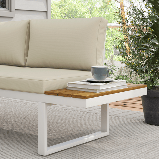 Outsunny Conjunto de Móveis de Jardim Exterior 4 Peças - Inclui 2 Sofás Duplos, 1 Sofá de Canto Reclinável e Mesa de Centro com Almofadas para Terraço ou Pátio - Cor Creme