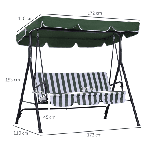 Outsunny Baloiço de Jardim Exterior de 3 Lugares, Baloiço de Jardim com Tecto Ajustável, Almofada e Estrutura de Aço, para Varanda, Terraço, Jardim, Suporta até 200 kg, 172x110x153 cm Verde