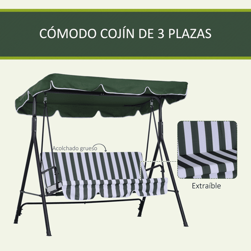 Outsunny Baloiço de Jardim Exterior de 3 Lugares, Baloiço de Jardim com Tecto Ajustável, Almofada e Estrutura de Aço, para Varanda, Terraço, Jardim, Suporta até 200 kg, 172x110x153 cm Verde