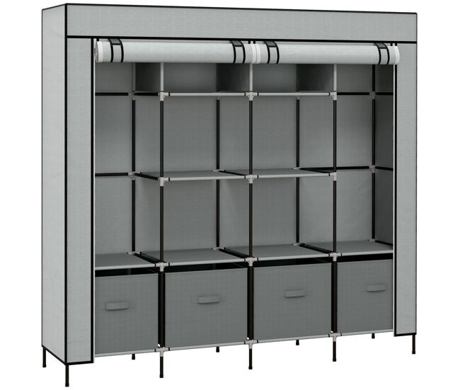 Homcom armario de tela, armario ropero portátil con 2 barras para colgar, 10 compartimentos, cremallera, marco de acero, para dormitorio, espacio pequeño, 166x42,5x169,5 cm, gris oscuro