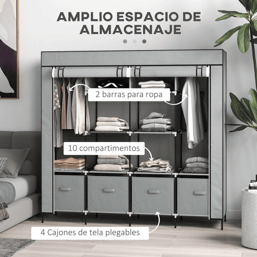 HOMCOM Roupeiro de Tecido para Dormitório Roupeiro Portátil com 10 Compartimentos 2 trilhos Suspensos e 4 Gavetas de Tecido 166x42,5x169,5 cm Cinza Escuro