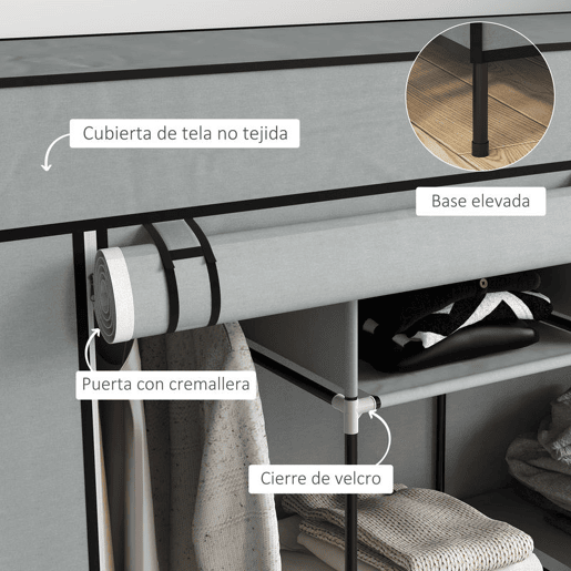 HOMCOM Roupeiro de Tecido para Dormitório Roupeiro Portátil com 10 Compartimentos 2 trilhos Suspensos e 4 Gavetas de Tecido 166x42,5x169,5 cm Cinza Escuro